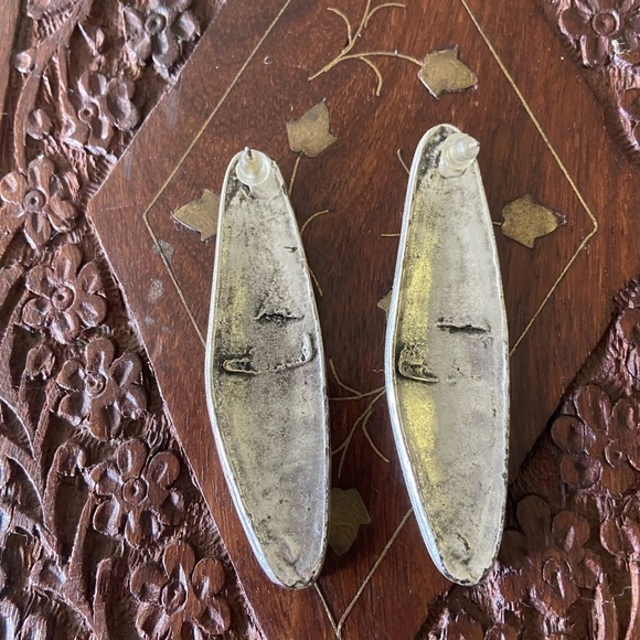 Silver Plated Long Handmade Charm Earrings Oval Moroccan Artisan 90s - Picture 3 of 3